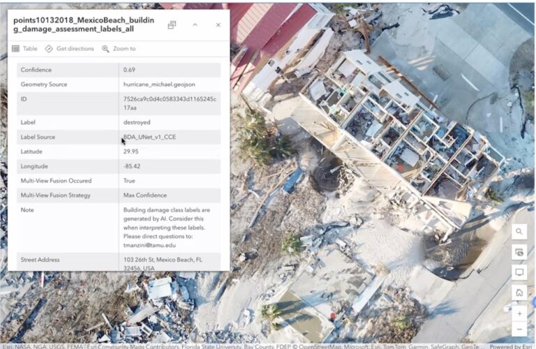 KI-gestützte Schadensanalyse: CLARKE kartiert zerstörte Gebäude nach Hurrikan per Drohne und AI Luftbild-Auswertung mit KI: Project CLARKE erkennt Gebäudeschäden nach Hurrikan in Minuten – Analyse-Overlay aus der Drohnenperspektive