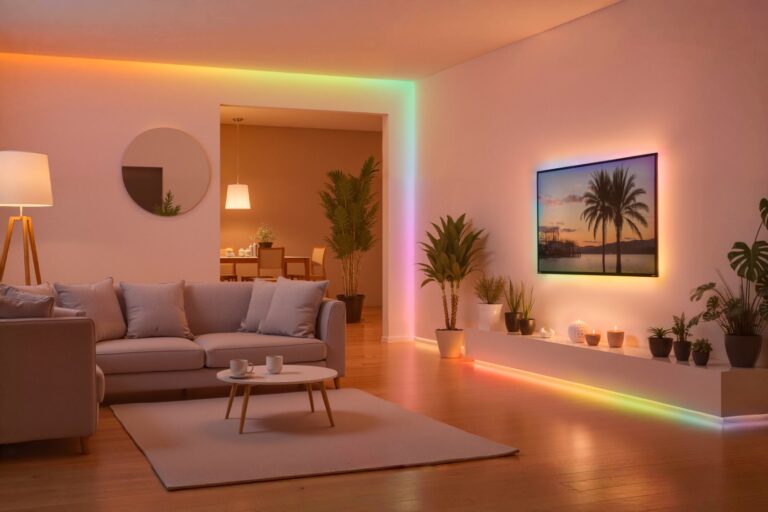 Smarte SwitchBot RGBIC-Stehlampen und Lichtstreifen erzeugen farbige Beleuchtung im modernen Wohnzimmer.