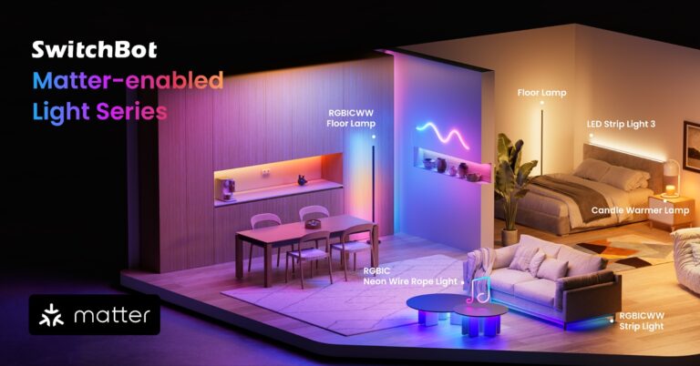 Übersicht der SwitchBot Matter Light Series mit Floor Lamp, LED Strip Light 3, Candle Warmer Lamp und Neon Wire Rope Light.
