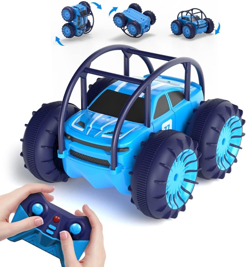 Blaues MaxTronic Amphibien-RC-Auto mit Überrollbügel, Paddelreifen und Fernbedienung