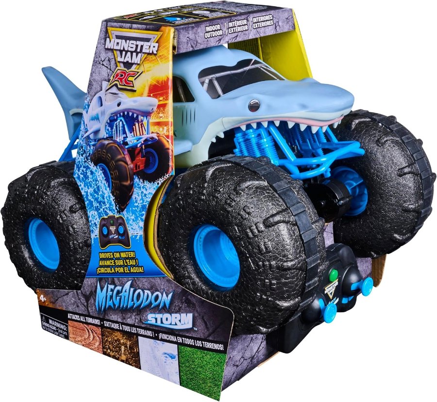 Monster Jam Megalodon Storm im Hai-Design mit großen schwarzen Reifen in der Originalverpackung