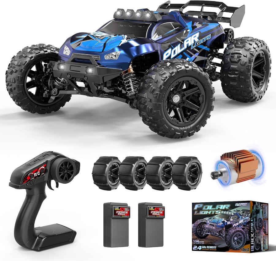 Blauer Womaqu 1:14 All-Terrain RC-Truck mit Fernsteuerung, Ersatzreifen, Motor und zwei Akkus