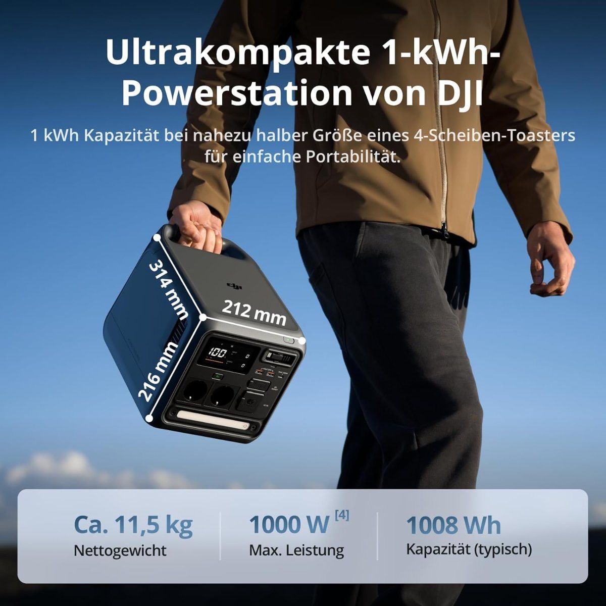 DJI Power 1000 Mini Powerstation wird an einem Griff getragen, Hinweis auf 11,5 Kilogramm