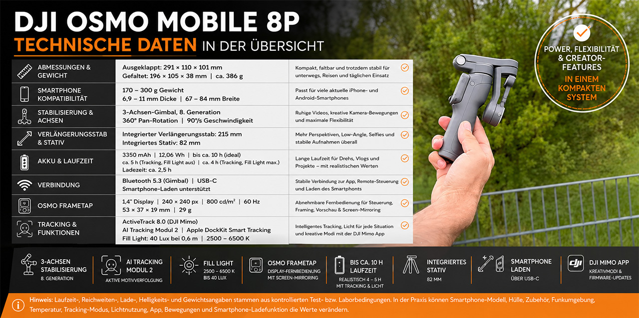 DJI Osmo Mobile 8P technische Daten DJI Osmo Mobile 8P mit Osmo FrameTap im Outdoor-Einsatz als Beitragsbild zu technischen Daten und Funktionen