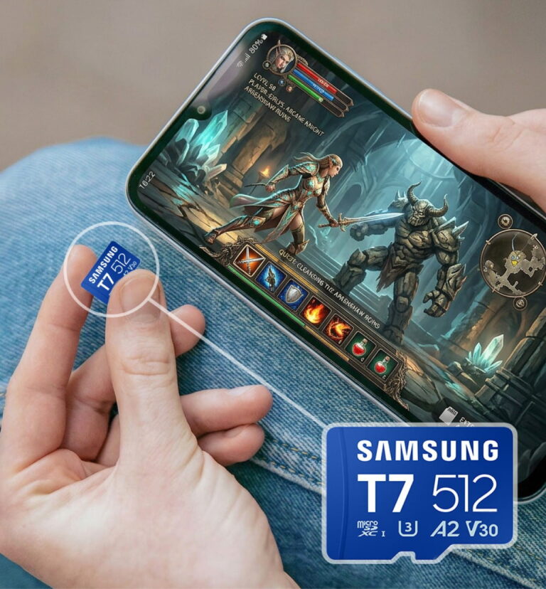 Samsung T7 und T9 microSD im Vergleich – Gaming, Drohne und Creator-Speicher Samsung T7 512 GB und Samsung T9 256 GB microSD-Karten vor Smartphone-Gaming-Szene und Drohne
