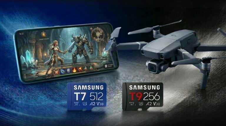 Samsung T7 und T9 microSD im Vergleich – Gaming, Drohne und Creator-Speicher Samsung T7 512 GB und Samsung T9 256 GB microSD-Karten vor Smartphone-Gaming-Szene und Drohne