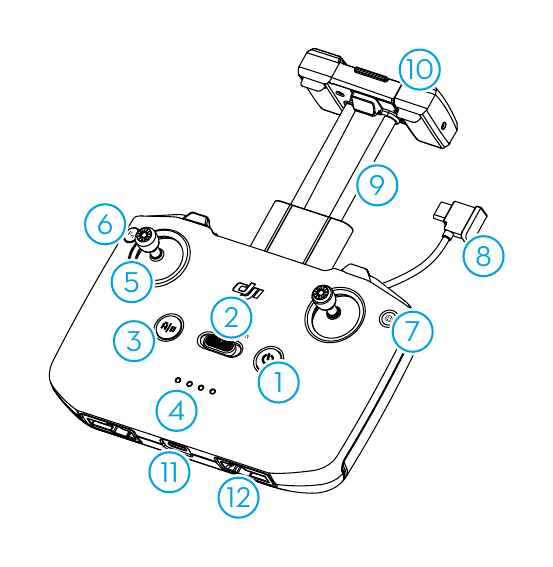 DJI RC-N3 Vorderansicht mit nummerierten Bauteilen Vorderansicht der DJI RC-N3 mit Ein-Aus-Taste, Flugmodusschalter, Steuerknüppeln und Halterung