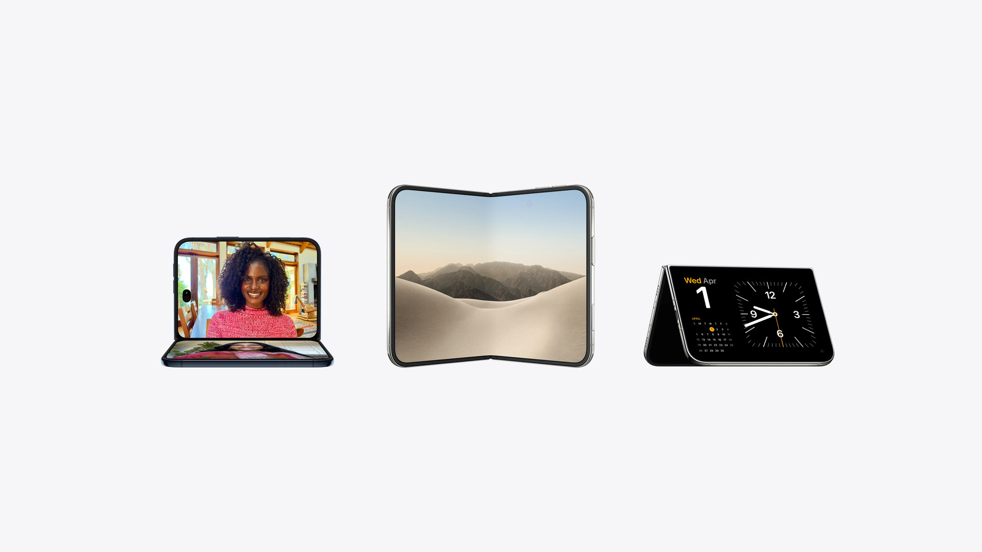 iPhone Duo: Drei Nutzungspositionen als Apple-Shop-Querformat