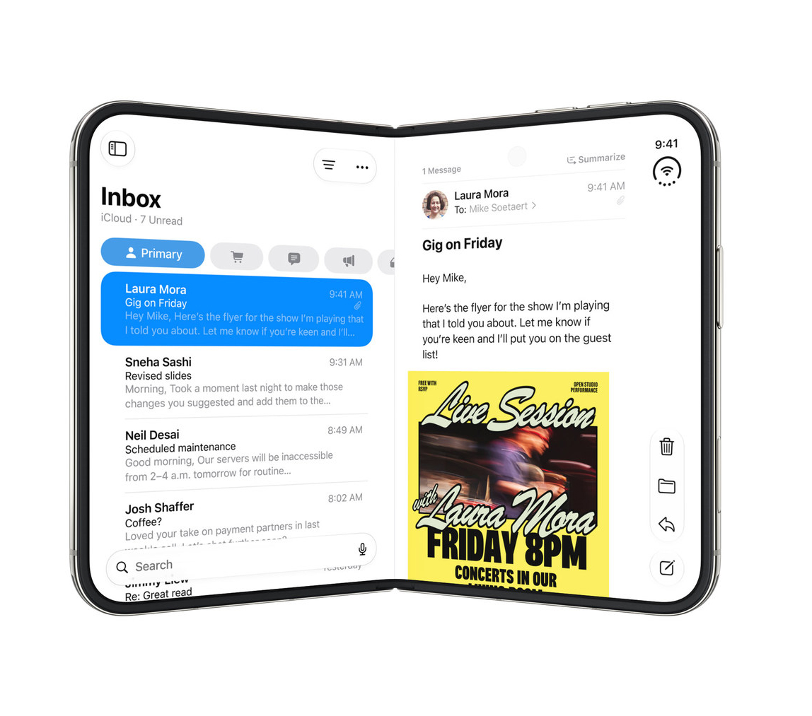 iPhone Duo: Mail-App auf dem leicht gefalteten Innendisplay