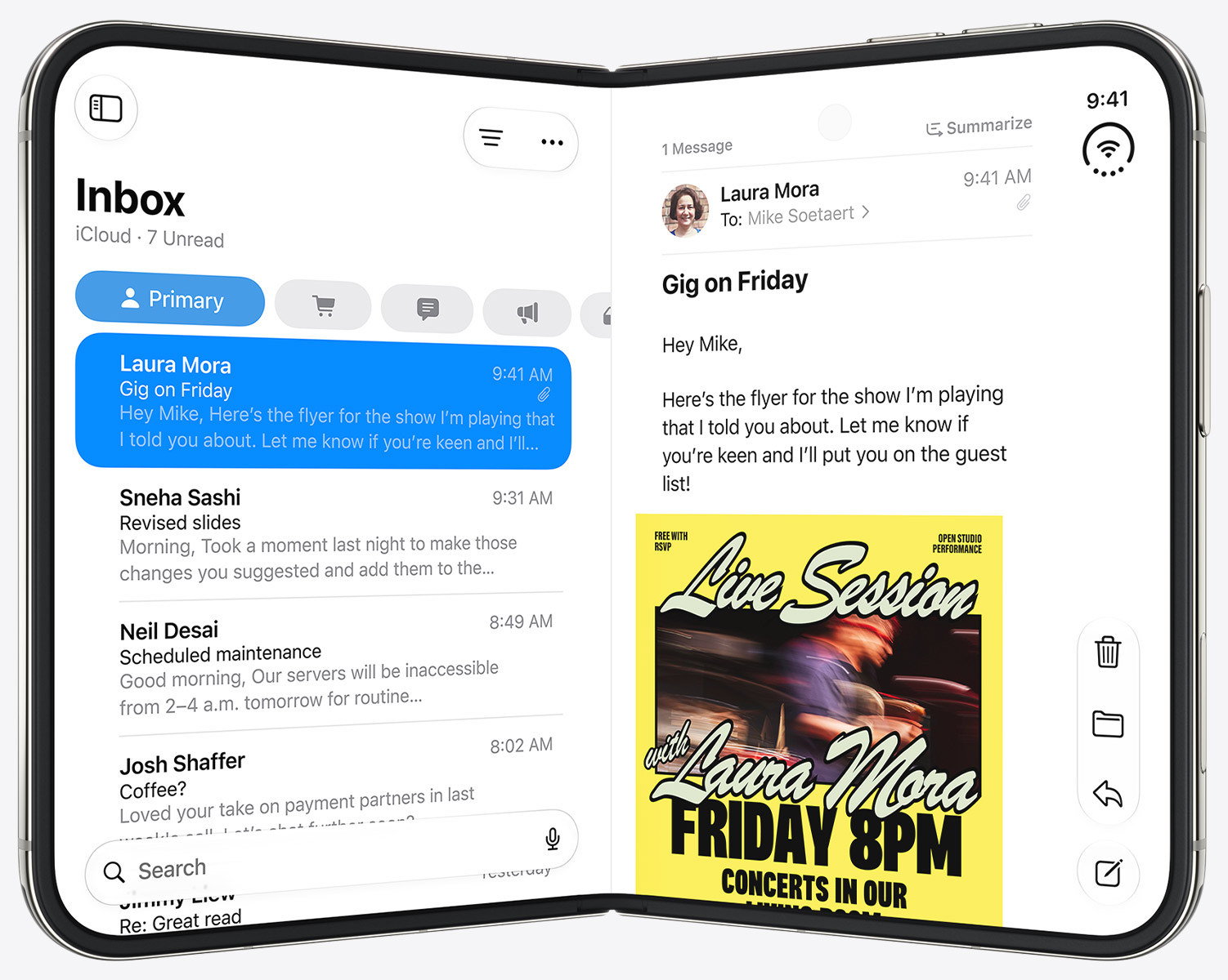 iPhone Duo: Mail-Ansicht auf dem aufgeklappten Display