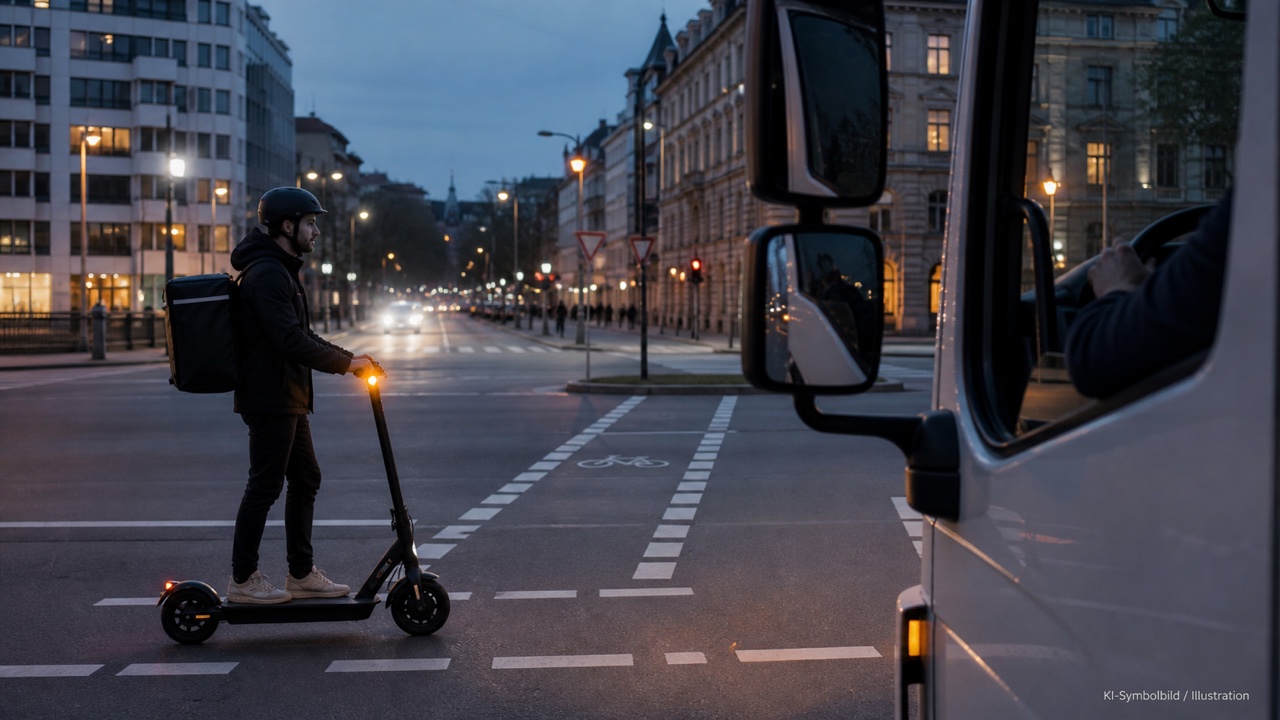 Schema einer Kreuzung mit E-Scooter im Profil und seitlicher Sichtbarkeit des Blinkers