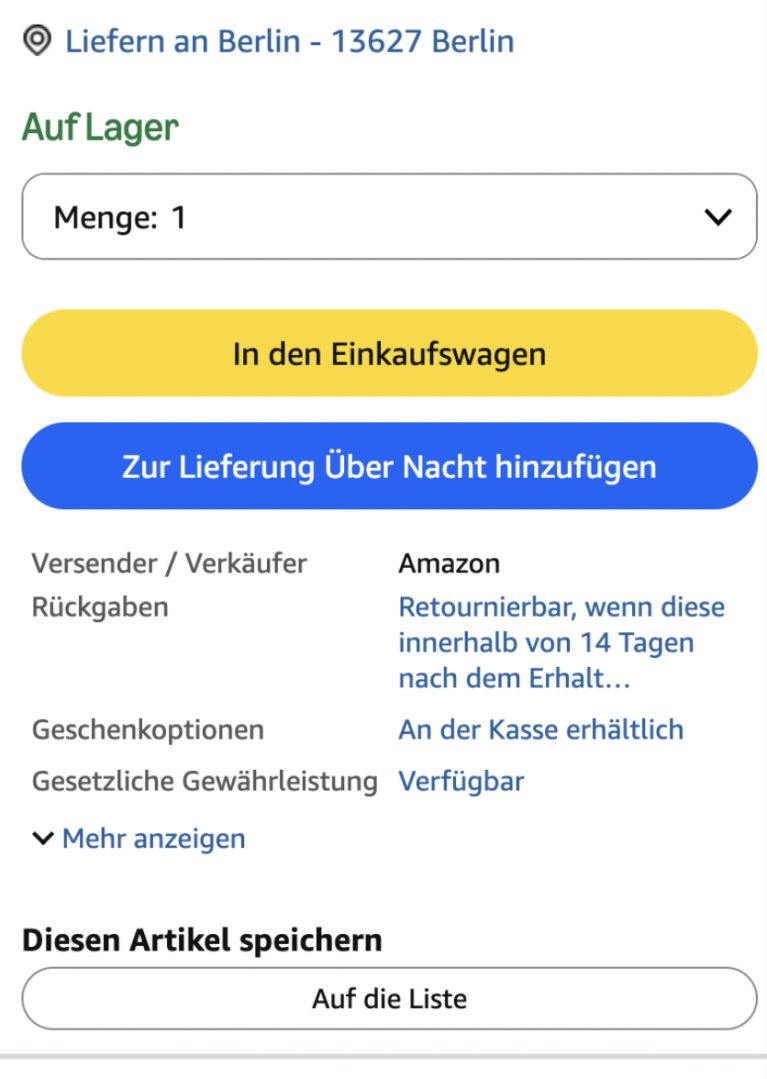 Amazon-Produktseite mit dem Hinweis, dass der Artikel innerhalb von 14 Tagen nach Erhalt retournierbar ist