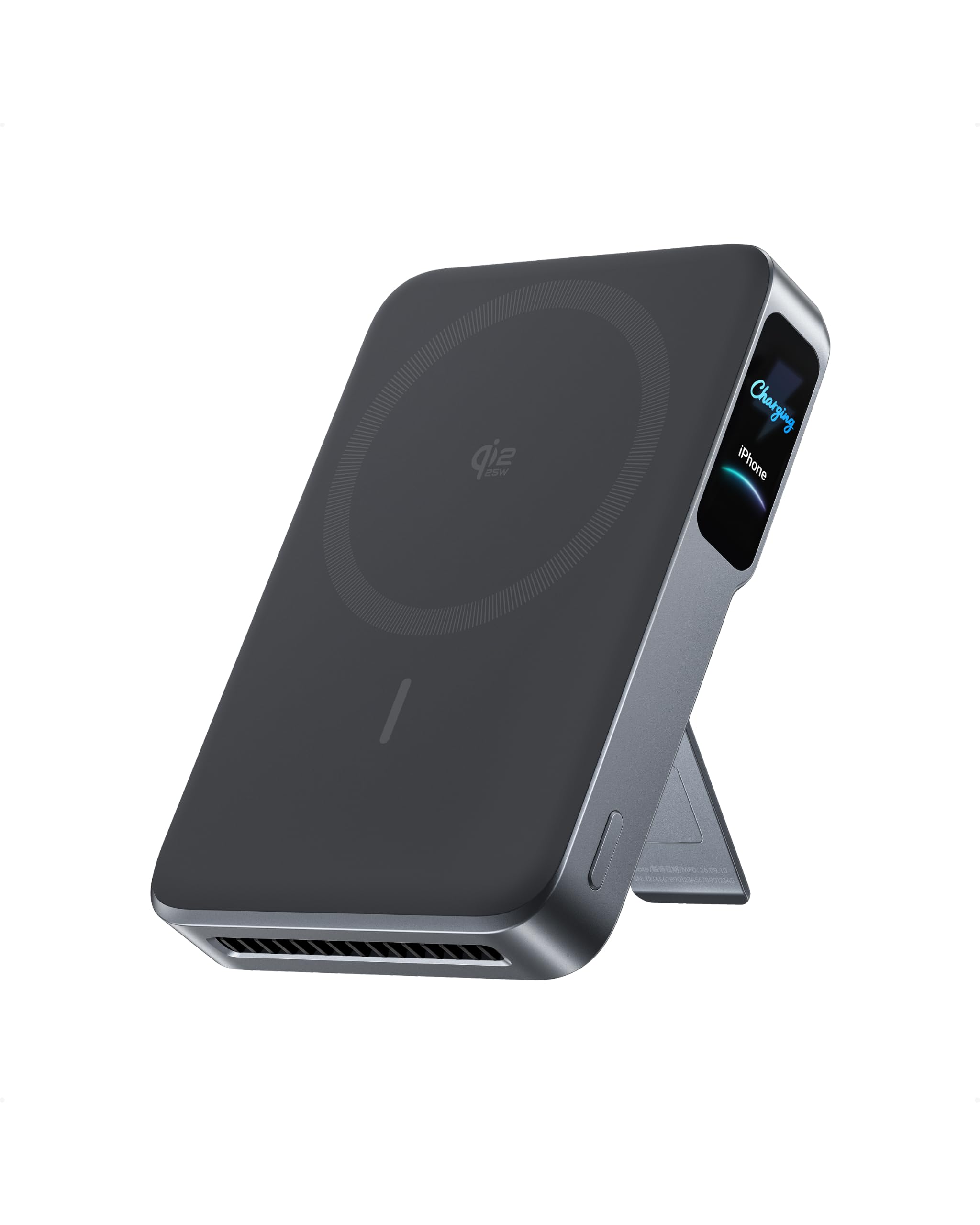 Anker MagGo Powerbank 2 Pro in Phantomgrau mit Ständer und Smart Display, zeigt Ladevorgang eines iPhone