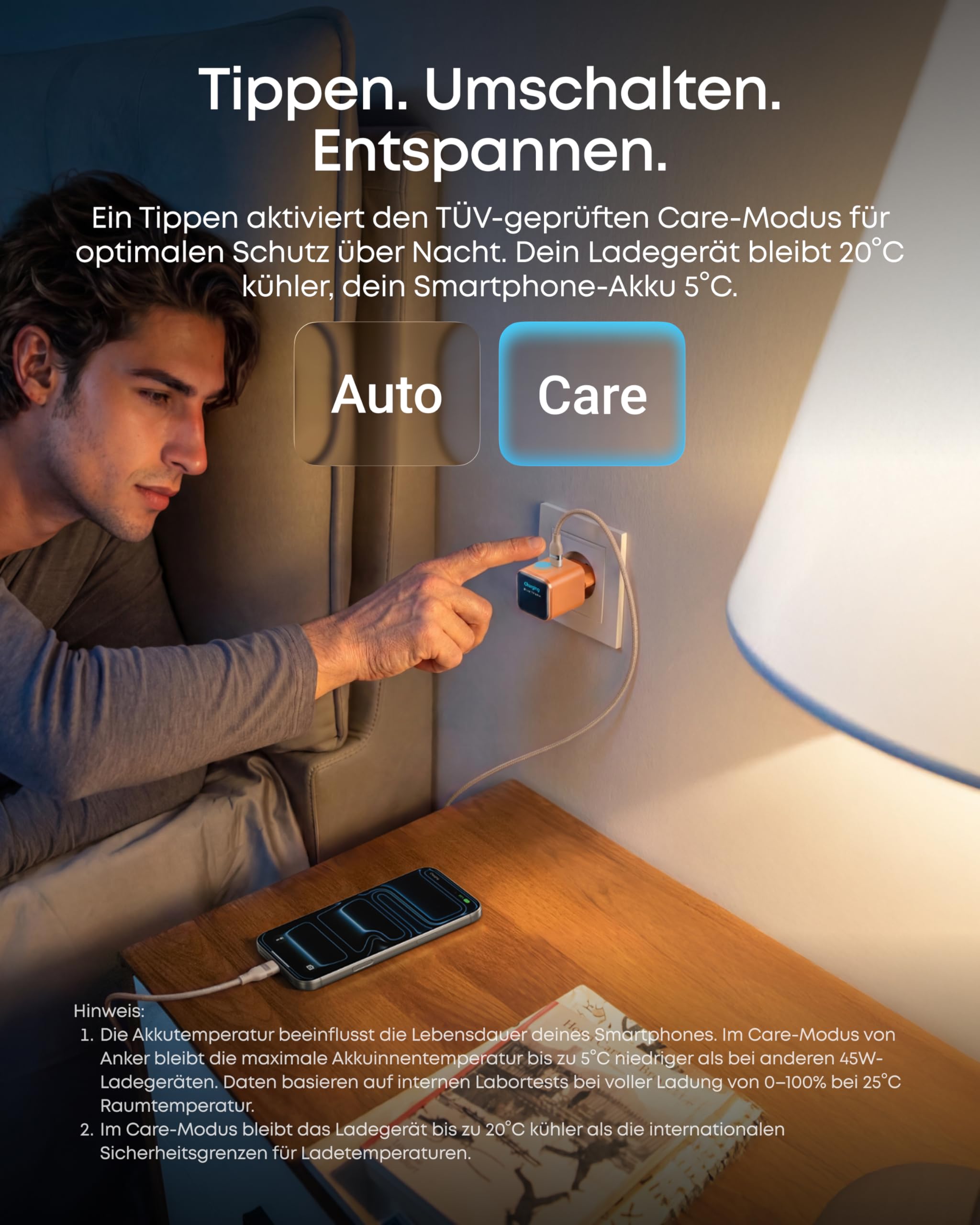 Anker Nano Ladegerät im Care-Modus, TÜV-zertifiziert zur Akkuschonung