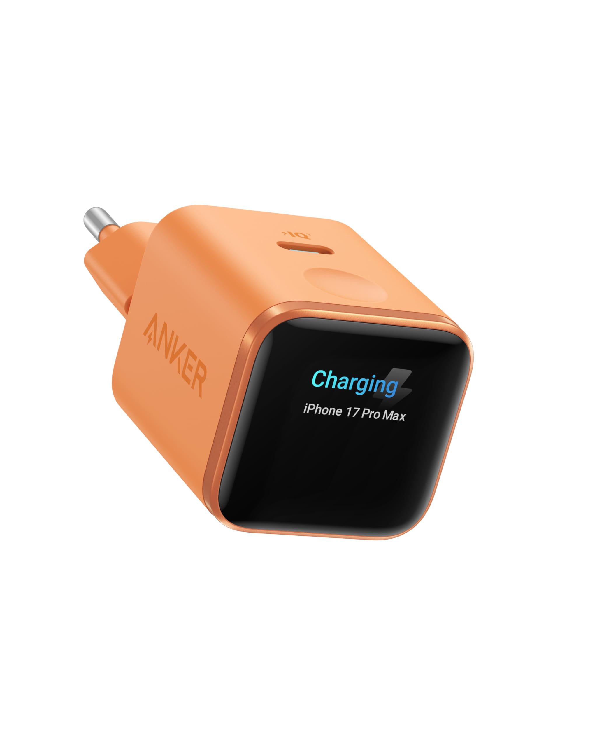 Anker Nano Ladegerät (45W, Smart Display) in Orange mit Smart Display, das den Ladevorgang eines iPhone anzeigt
