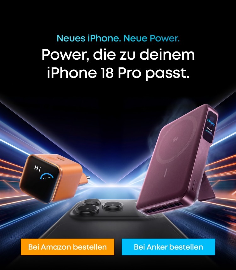 Anker Nano Ladegerät (45W) und Anker MagGo Powerbank 2 Pro nebeneinander, Kampagnenmotiv zum iPhone-18-Pro-Start