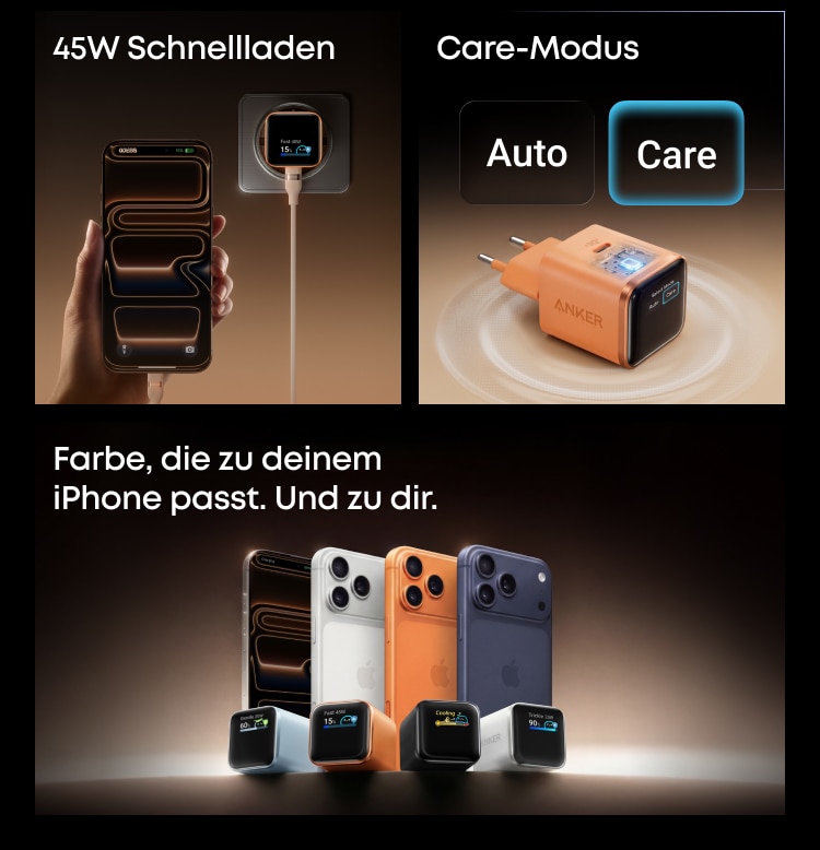 Anker Nano Ladegerät in den vier Farben passend zu den iPhone-18-Pro-Cases, mit Care-Modus-Anzeige
