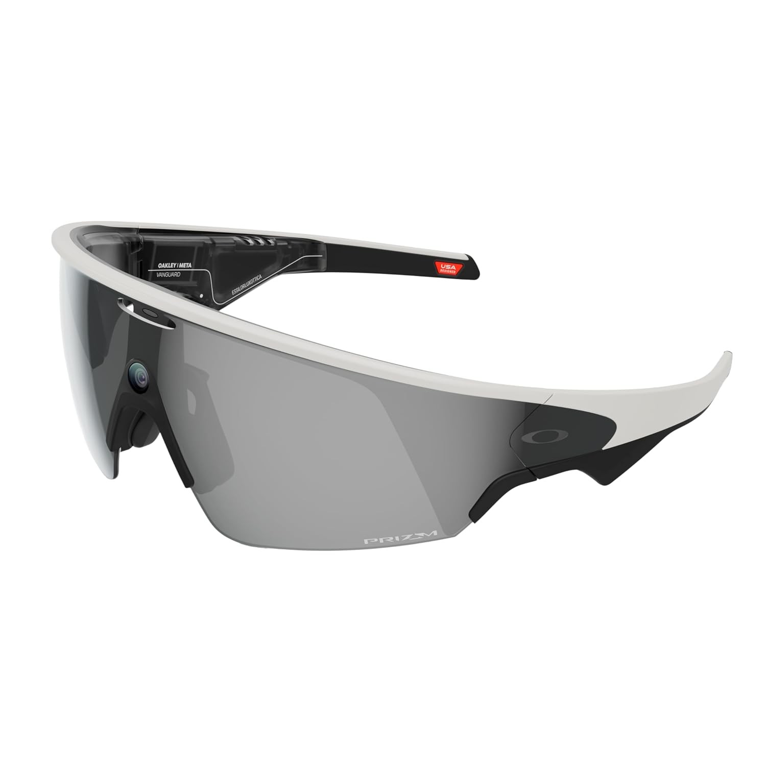 Oakley Meta Vanguard Sport-Sonnenbrille in der Seitenansicht mit Kamera und Bedienelementen