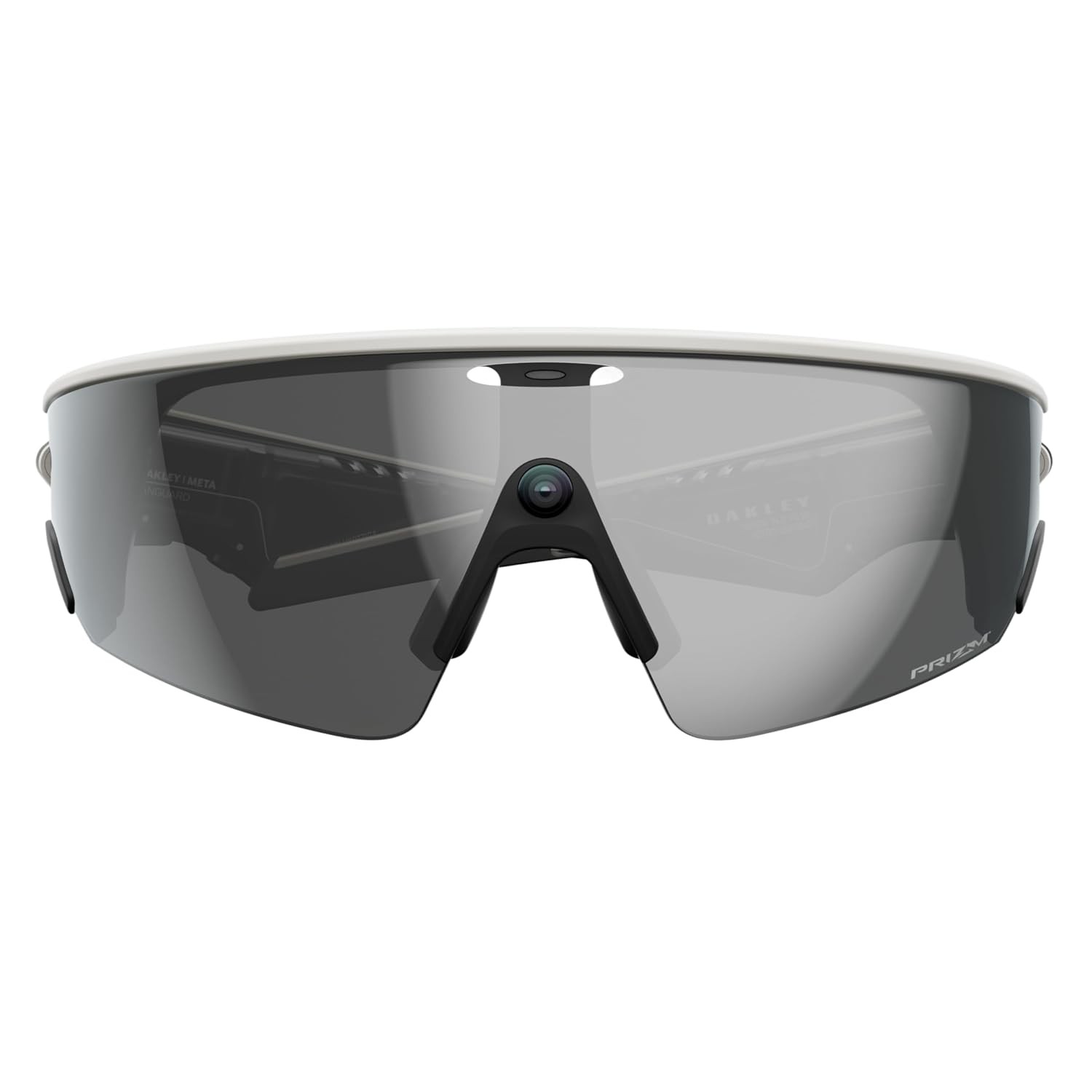 Frontansicht der Oakley Meta Vanguard mit sichtbarer Kameralinse auf der Nasenbrücke