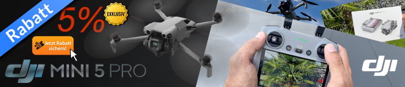 Rabattcode für die DJI Mini 5 Pro bei Globe-Flight Rabattcode-Banner für die DJI Mini 5 Pro bei Globe-Flight