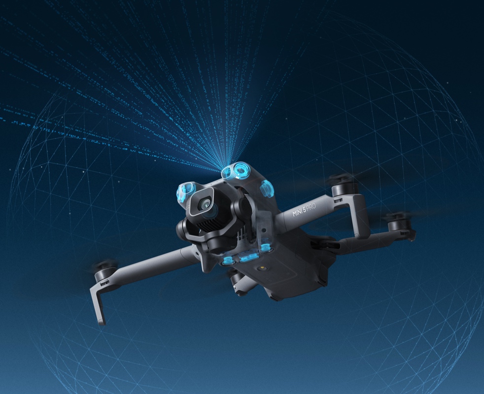 DJI Mini 5 Pro - Kamera Sensoren Tracking und Flugakku Visualisierung der omnidirektionalen Sichtsensoren und des vorwärtsgerichteten LiDAR der DJI Mini 5 Pro