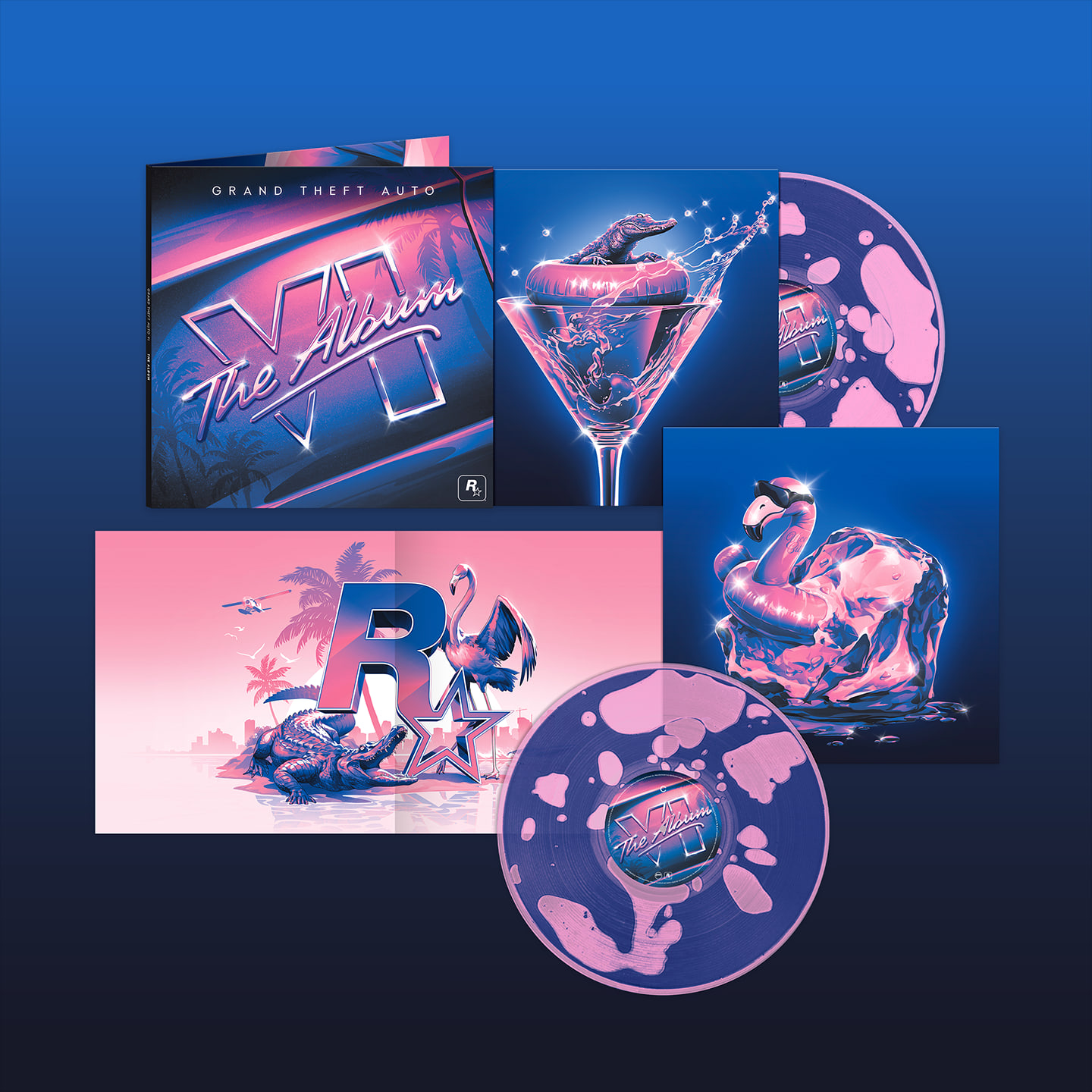Detailansicht der Liquid-Edition mit Flamingo-, Alligator- und Cocktail-Artwork
