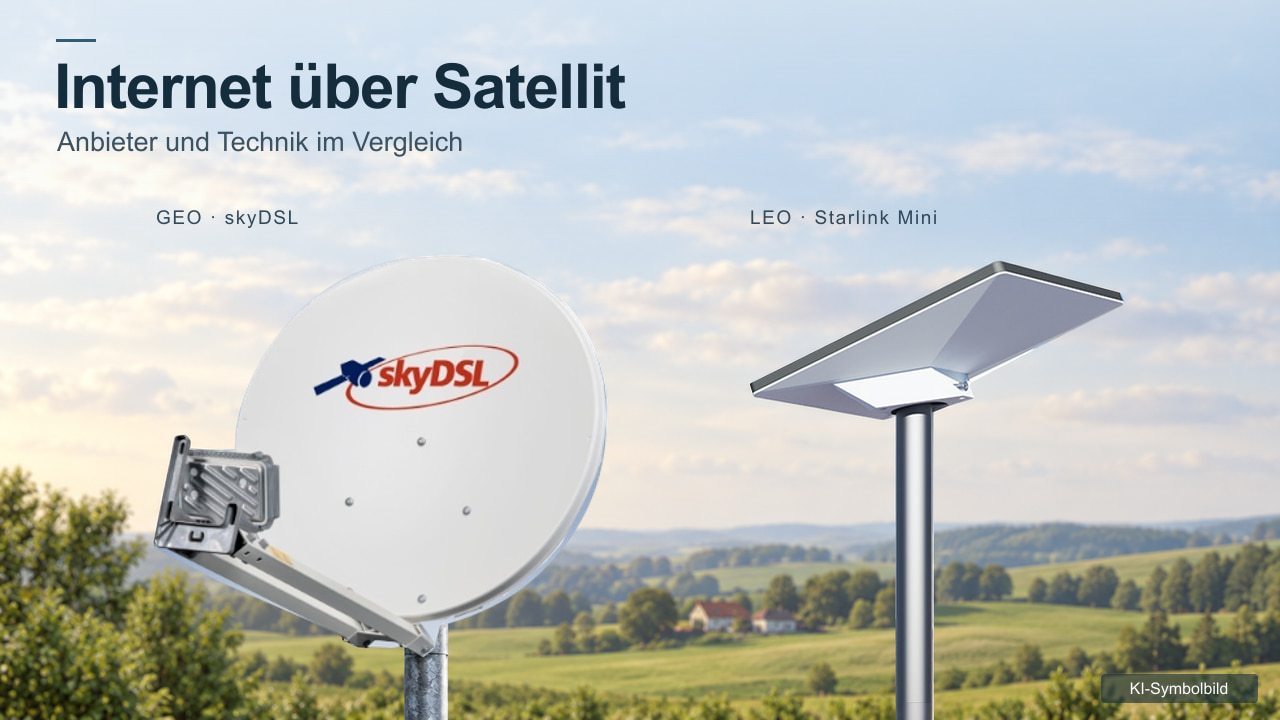 Zwei Satellitenantennen im Vergleich: links eine klassische Parabolschüssel, rechts eine flache rechteckige Antenne, im Hintergrund ländliche Landschaft.