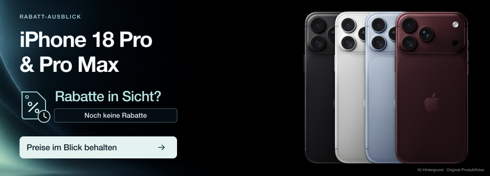 Banner zum Rabatt-Ausblick für iPhone 18 Pro und Pro Max mit Original-Produktfoto, Prozent- und Uhrsymbol sowie dem Hinweis Noch keine Rabatte