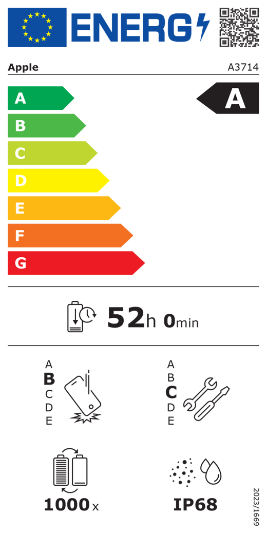 EU-Energielabel iPhone 18 Pro: Energieeffizienzklasse A, 52 Stunden Ausdauer, IP68