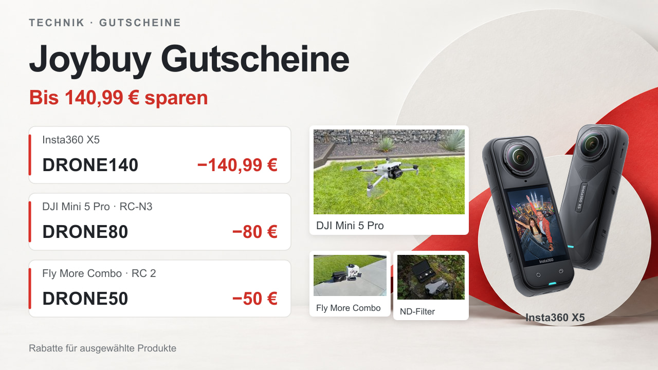Insta360 X5 und DJI Mini 5 Pro mit Joybuy-Gutscheincodes und dem Hinweis auf bis zu 140,99 Euro Rabatt.