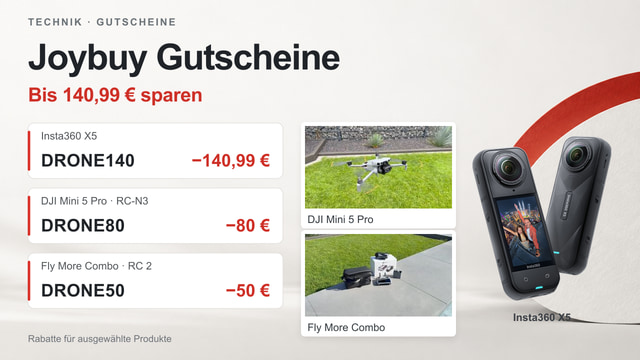 Insta360 X5 und DJI Mini 5 Pro nebeneinander mit den Joybuy-Gutscheincodes DRONE140, DRONE80 und DRONE50.