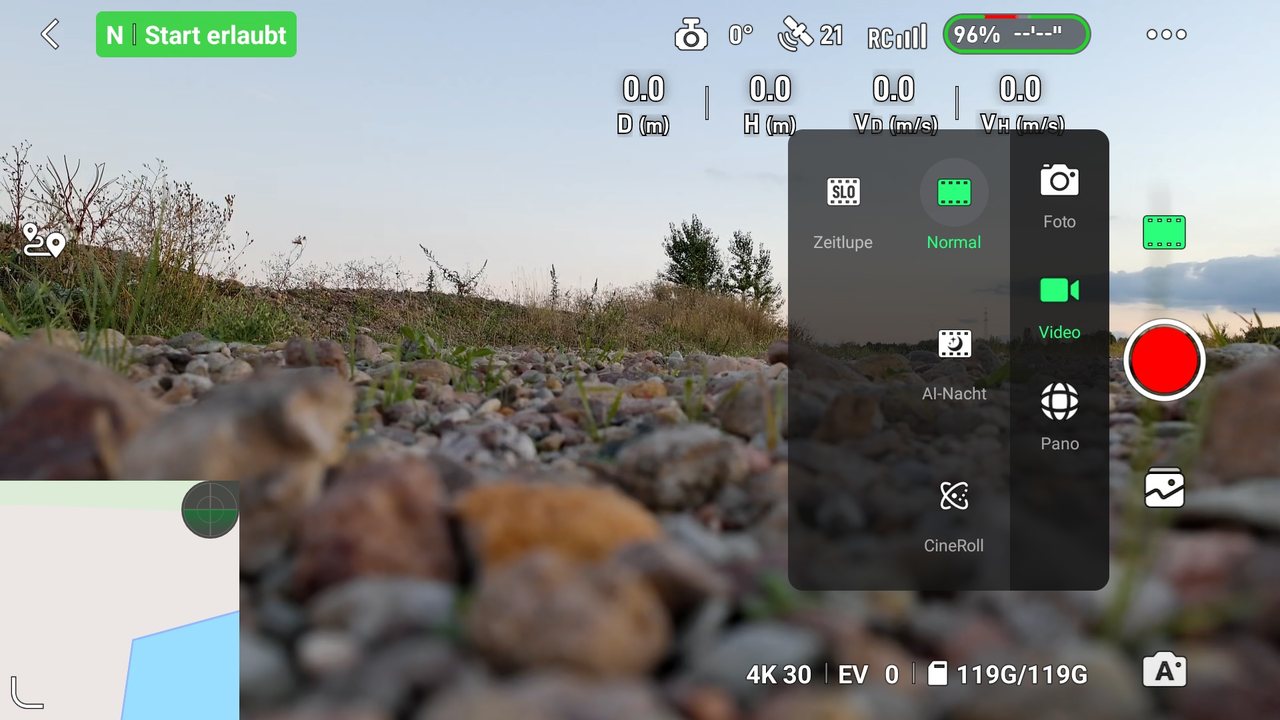 Auswahl der Aufnahmemodi in der Potensic Eve App mit Zeitlupe, Foto, Video, AI-Nacht, Pano und CineRoll