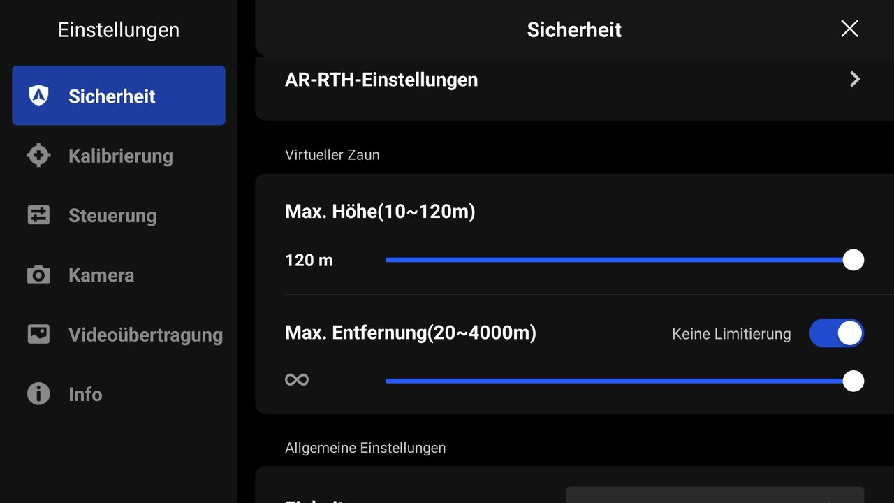 Virtueller Zaun mit maximaler Höhe und maximaler Entfernung in der Potensic Eve App