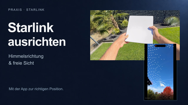 Starlink-Antenne auf einem Ständer im Garten, geneigt Richtung Norden, mit freier Sicht zum Himmel.