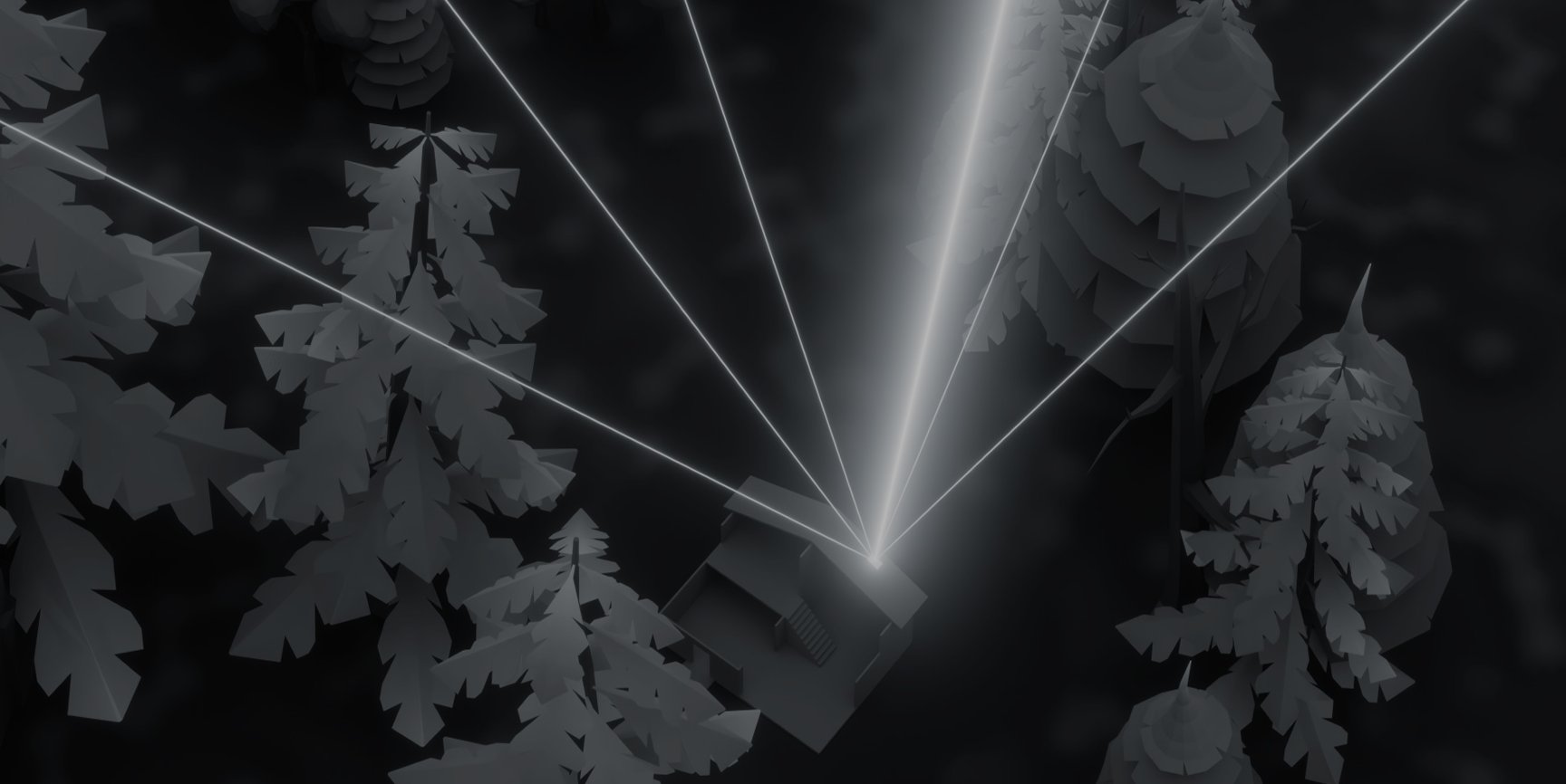 Herstellergrafik eines Starlink-Terminals im Wald mit mehreren zum Himmel gerichteten Strahlen.
