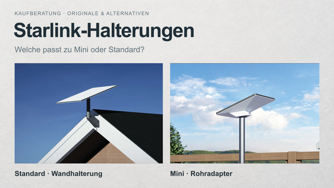 Starlink-Antennen an verschiedenen Halterungen: an der Hauswand, auf einem Mast und auf dem Dach eines Campers.