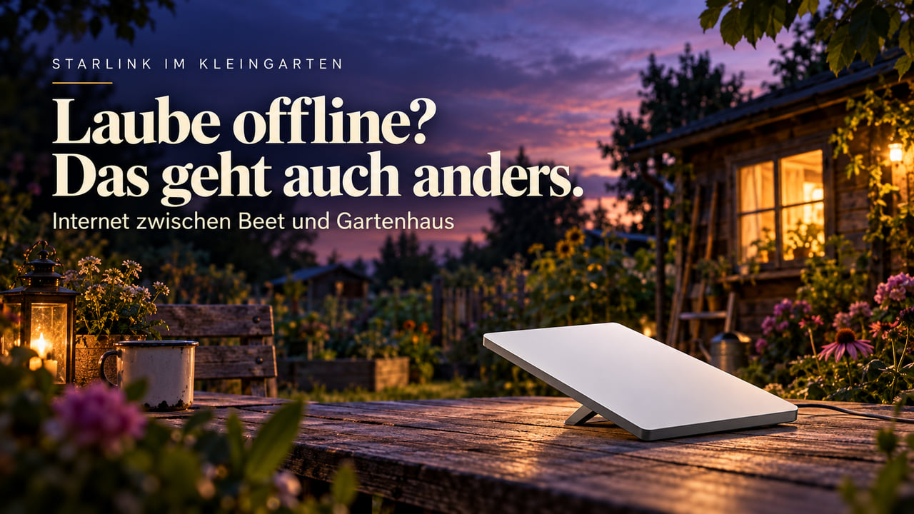 Starlink-Terminal auf einem Gartentisch vor einer beleuchteten Gartenlaube in der Abenddämmerung, Schriftzug „Laube offline? Das geht auch anders.“