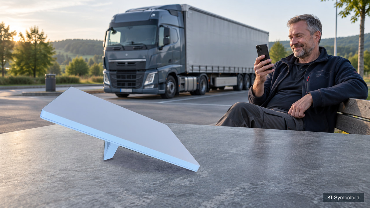 Lkw-Fahrer sitzt mit Smartphone auf einer Bank am Rastplatz, im Vordergrund ein Starlink-Terminal, im Hintergrund sein Sattelzug.