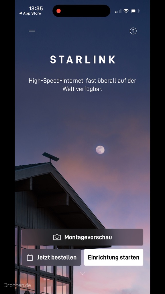 Startbildschirm der Starlink-App mit Montagevorschau, Jetzt bestellen und Einrichtung starten.