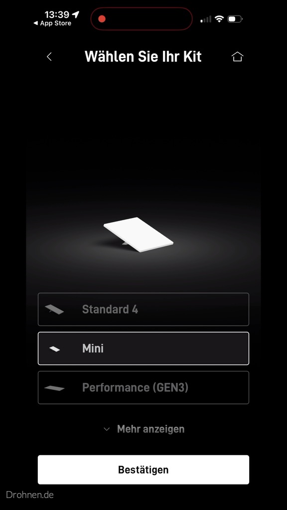 Kit-Auswahl der Starlink-App mit markiertem Mini zwischen Standard 4 und Performance GEN3.