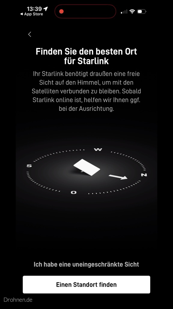 Starlink-App mit Hinweisen zur freien Himmelssicht und der Schaltfläche Einen Standort finden.