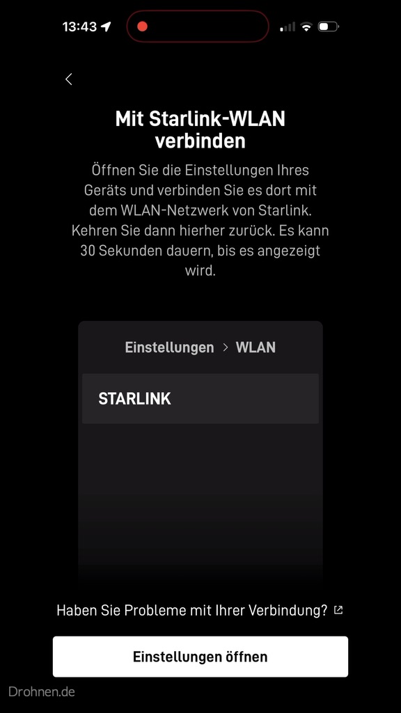 Starlink-App mit Anleitung zur Verbindung des Smartphones mit dem WLAN-Netz STARLINK.
