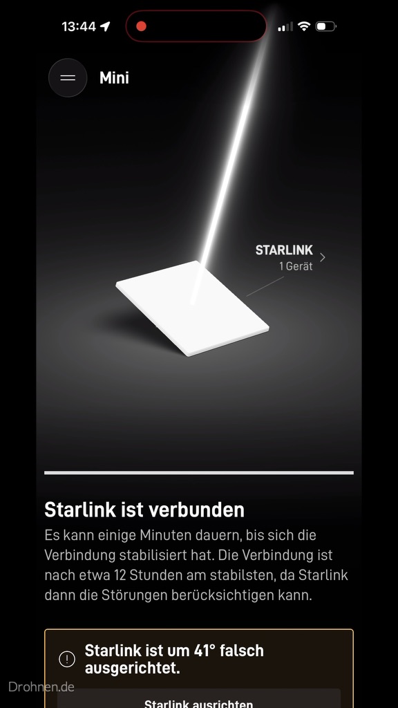 Starlink-App meldet eine Verbindung und warnt vor einer um 41 Grad falschen Ausrichtung.