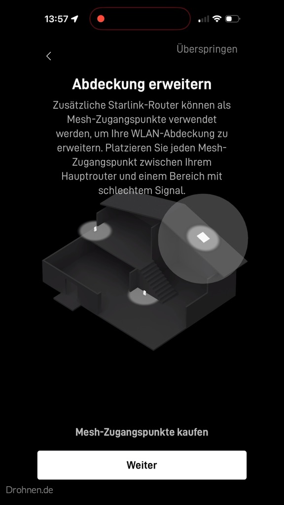 Starlink-App mit der Seite Abdeckung erweitern und einer Darstellung zusätzlicher Mesh-Zugangspunkte.