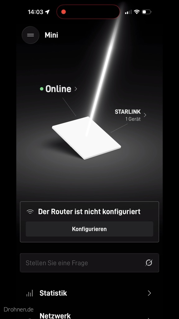 Starlink-App mit grünem Online-Status und der Meldung Der Router ist nicht konfiguriert.