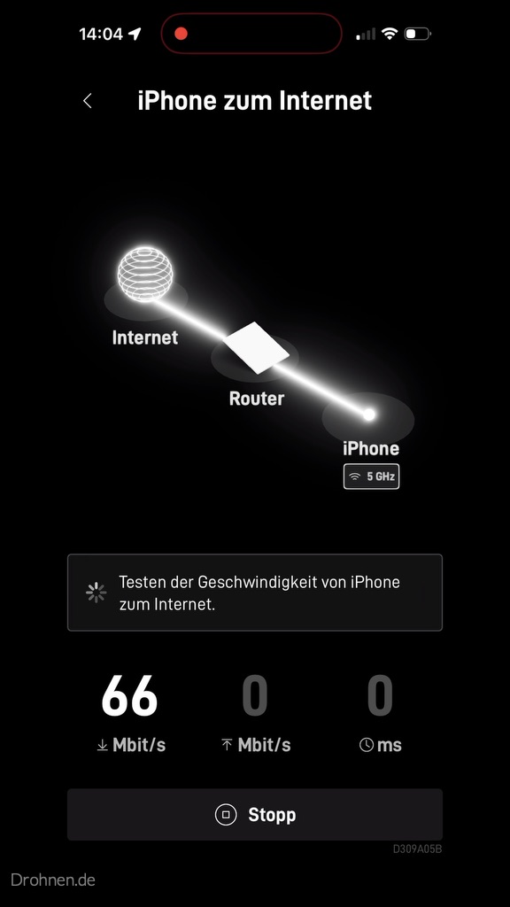 Laufender Starlink-Speedtest über 5-GHz-WLAN mit 66 Mbit/s als Download-Zwischenwert und einer Stopp-Schaltfläche.