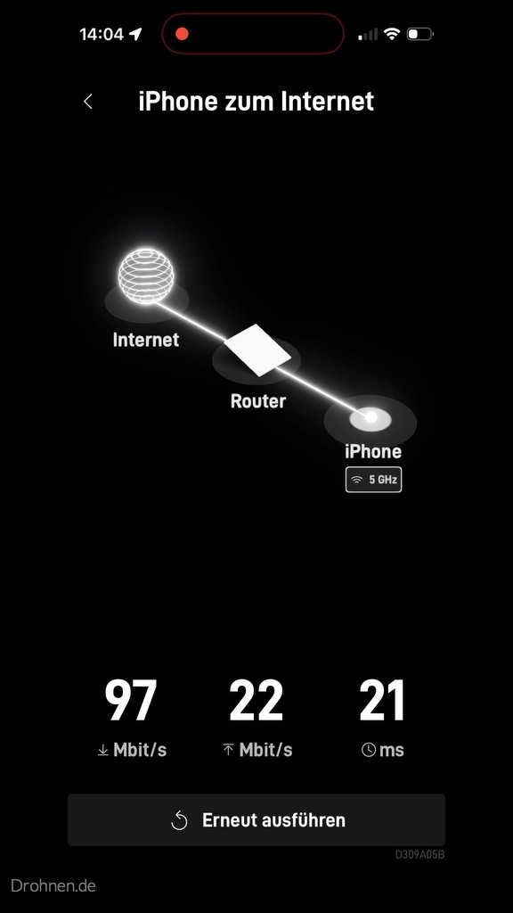 Abgeschlossener Starlink-Speedtest vom iPhone ins Internet mit 97 Mbit/s Download, 22 Mbit/s Upload und 21 ms Latenz.