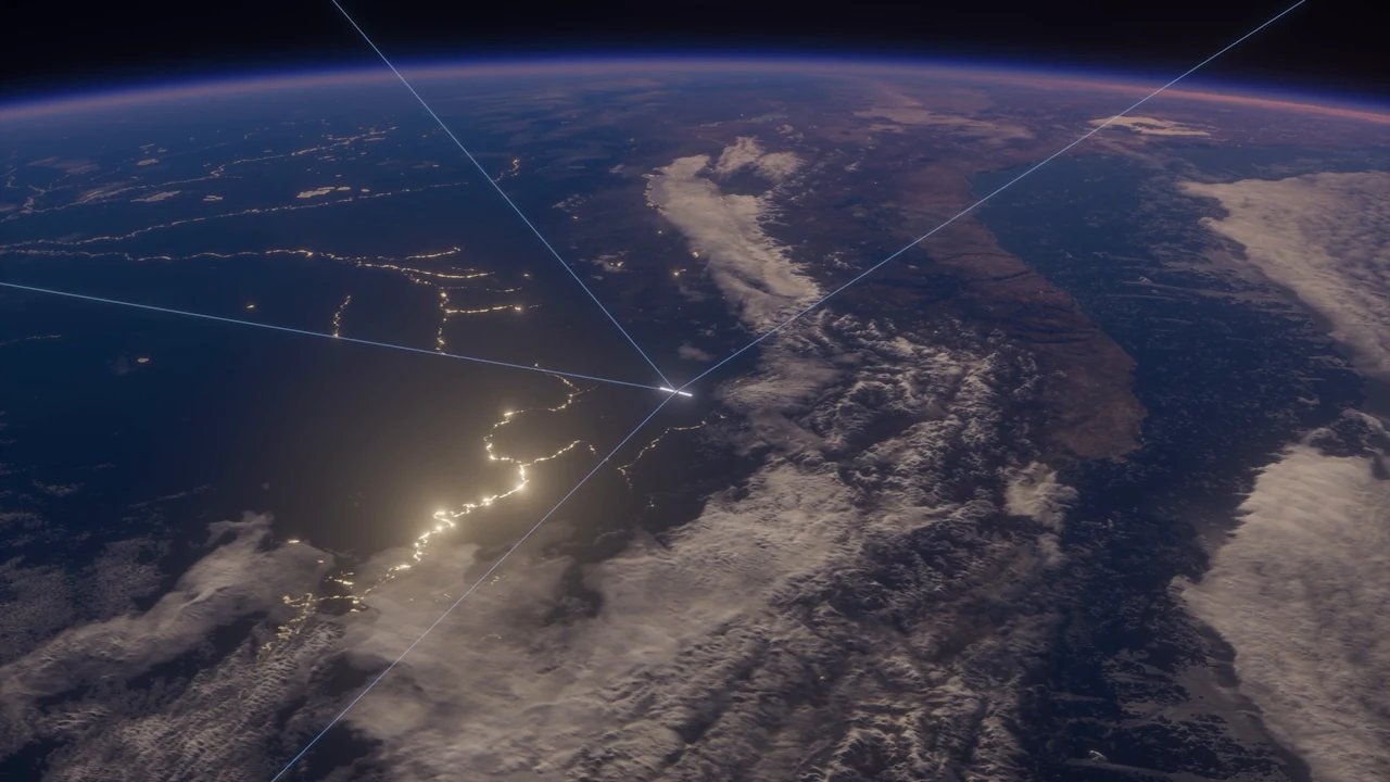 Herstellerdarstellung der Erde mit hellen Linien zur Vernetzung des Starlink-V3-Systems