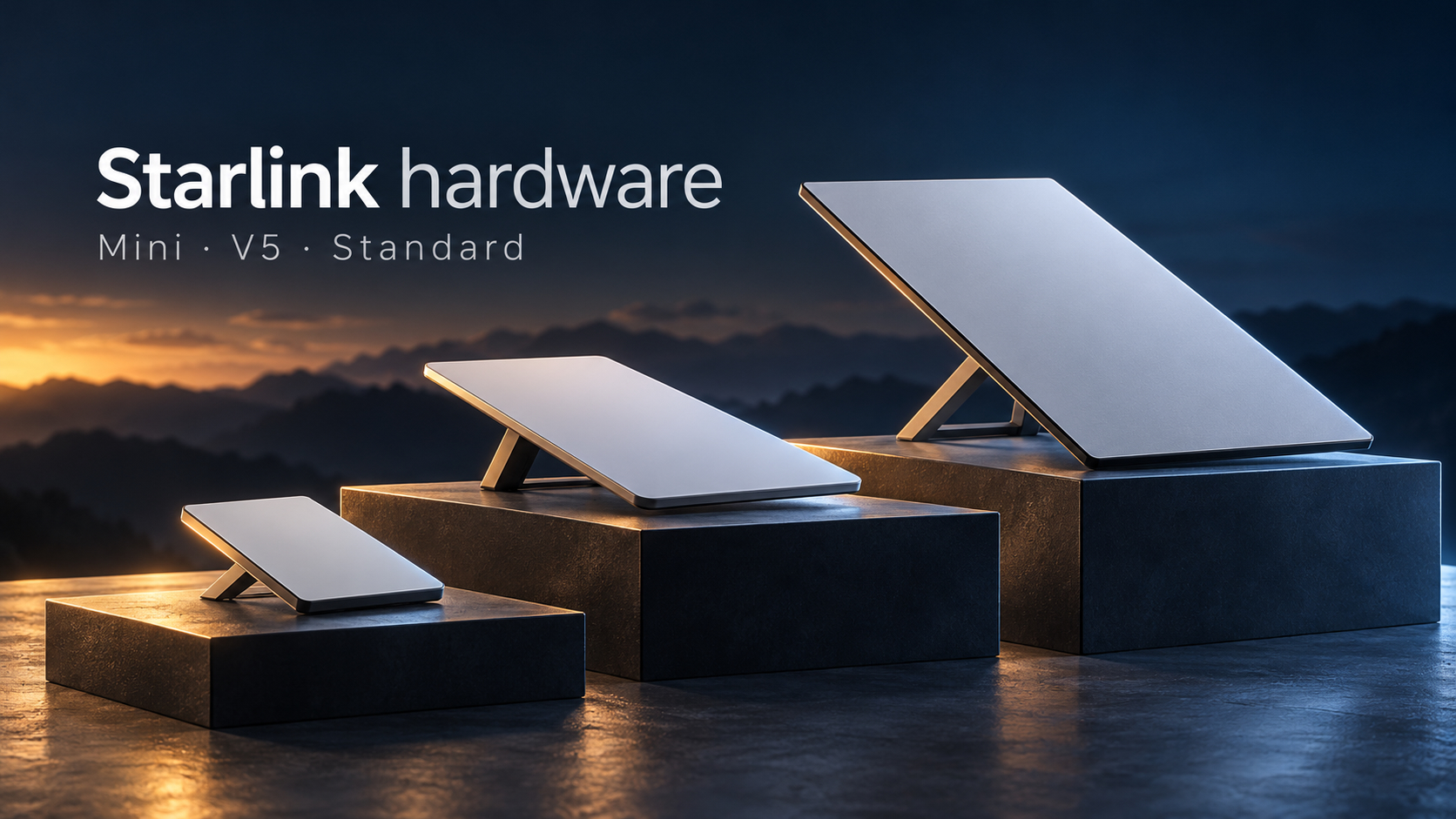 Starlink Mini, V5 and Standard 4 terminals arranged for a visual hardware comparison.