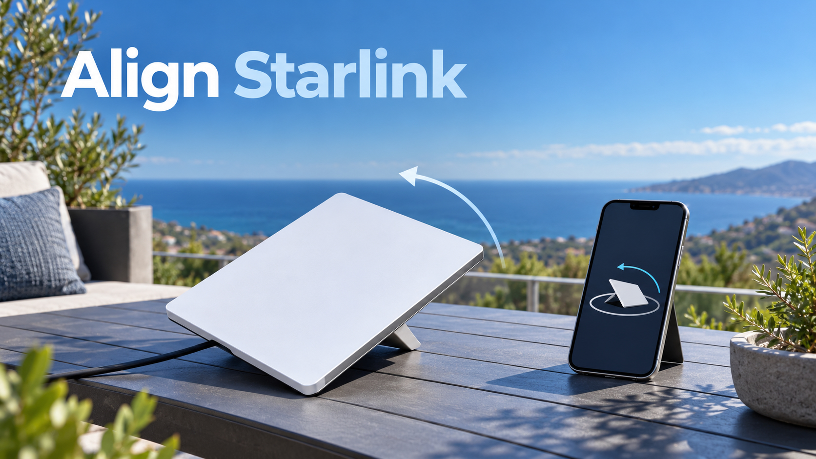 Starlink Mini beside a smartphone with a stylized alignment arrow and a clear sky in the background.